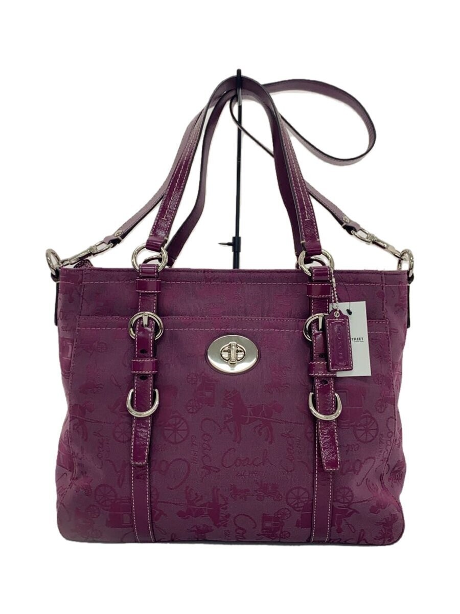 Used Coach Bordeaux All Over Pattern Canvas Tote Bag