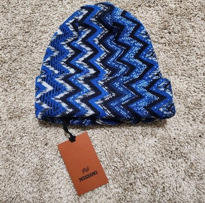 Missoni Zig Zag Pattern Wool Blend Blue Geometric Chevron Knit Beanie NWT 265$