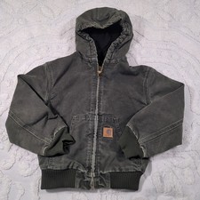 Carhartt Jacket Youth Medium 8 Green Hooded Faded Workwear Canvas YYJ130 MOS