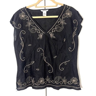 Jamie B Blouse Size XL Black 100% Linen Embroidered V-Neck Travel Coastal Boho