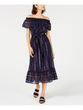 MAISON JULES Womens Navy Striped Short Sleeve Tea-Length Sheath Dress Size: XXS