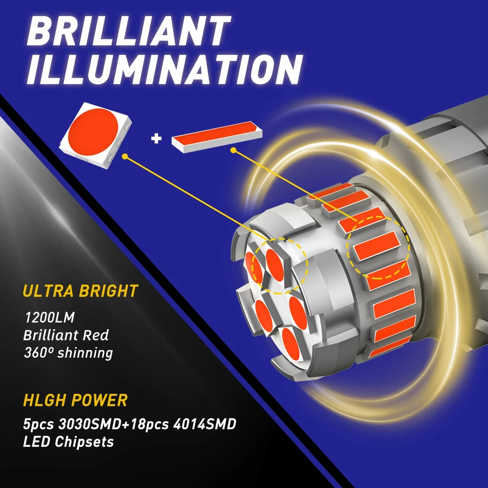 2x 7443 7440 Red LED Bulbs Brake Tail Stop Parking Light Strobe Bright Lamp EOOH - Image 3 of 4