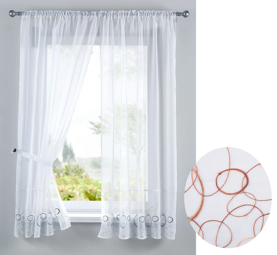 GARDINENBOX Juego de cortinas bordadas 4 piezas paso túnel Voile Aura marrón HxA 150x90 cm