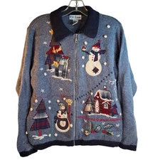 Vintage Christmas Winter Cardigan Sweater Womens Sz S Blue Snowman Mohair Angora