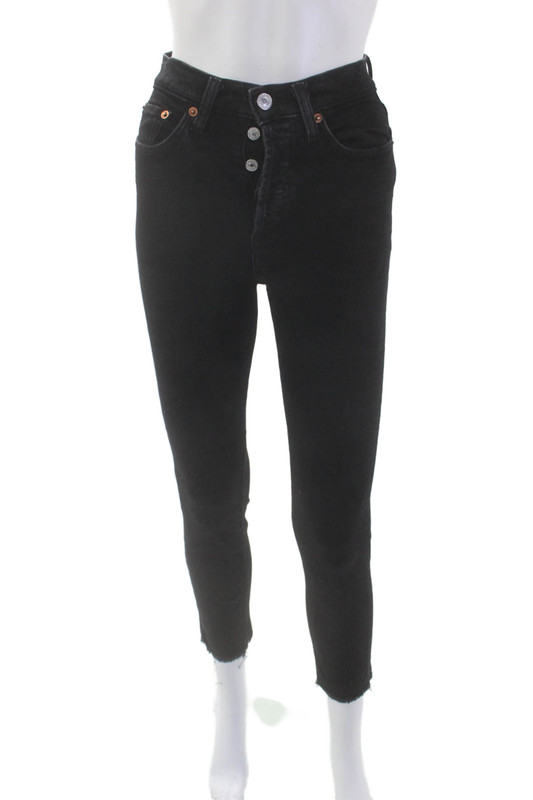 Redone Womens High Waist Raw Hem Skinny Jeans Black Size 24