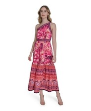 Eliza J Mixed-Print One-Shoulder Tiered Midi Dress Women's 2 Purple Side Zip
