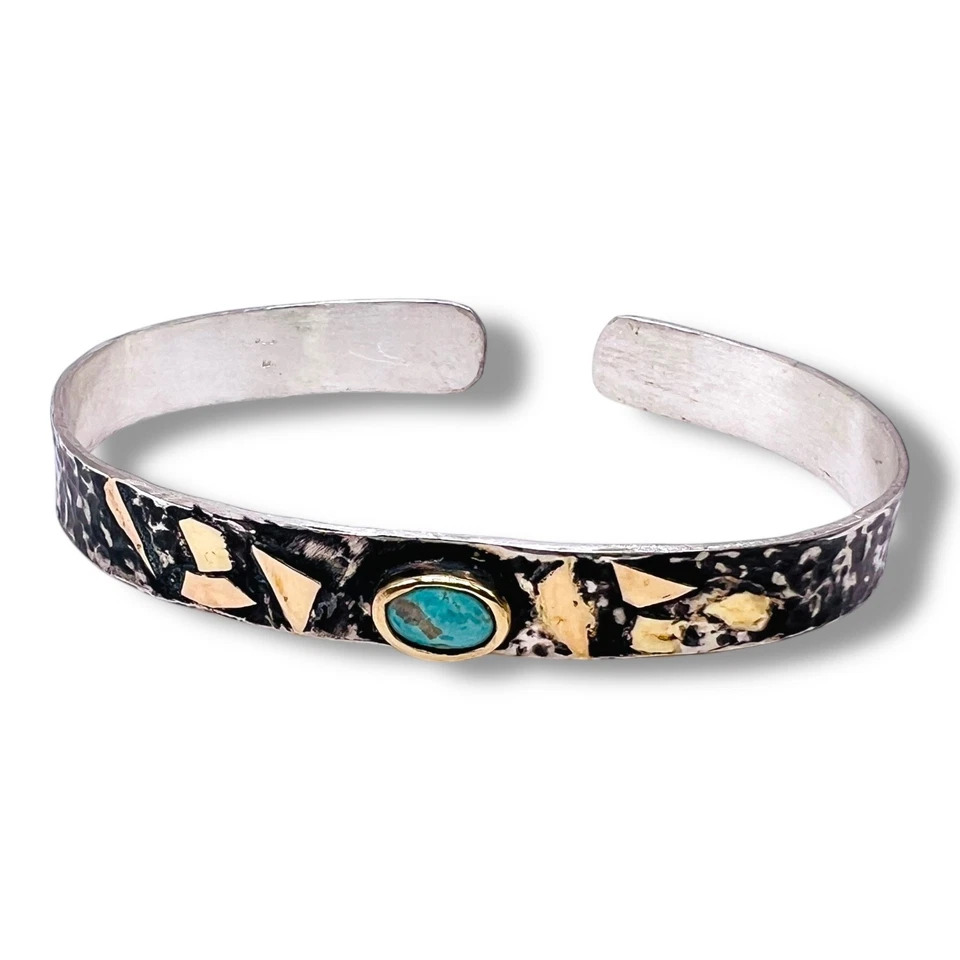 Real Blue Turquoise Gemstone 14k Gold Accent 925 Sterling Silver Cuff Bracelet - Image 2 of 4