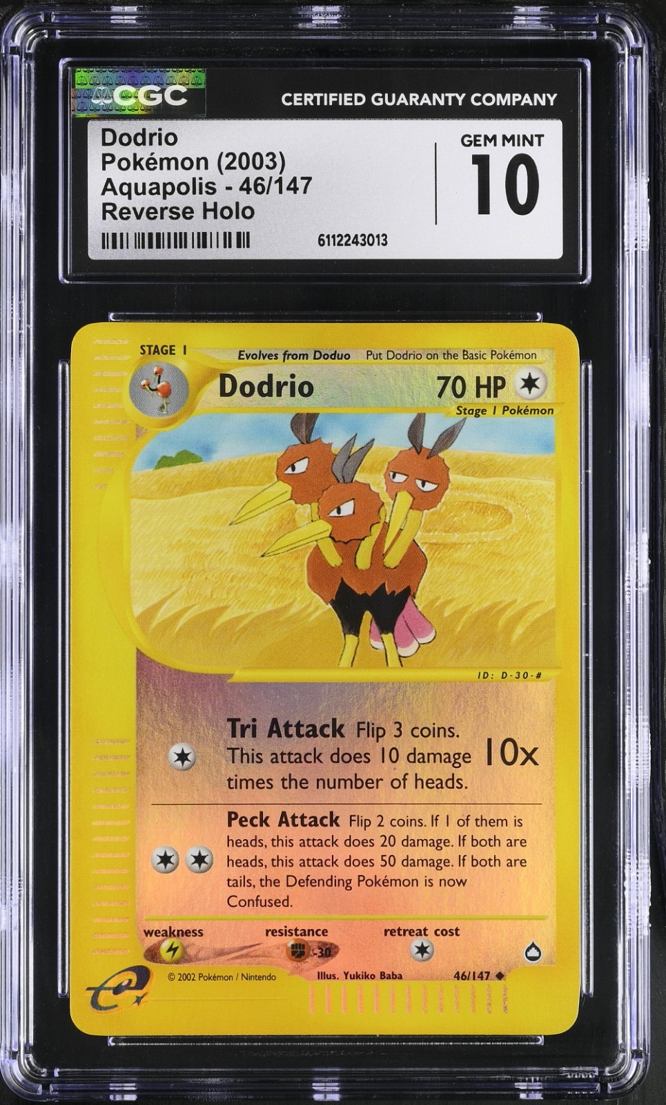 LOW POP CGC 10 Gem Mint Dodrio Reverse Holo Aquapolis 2003 Pokemon Card 46/147