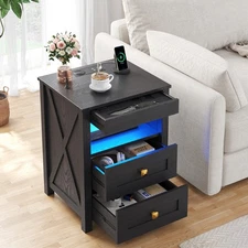 Nightstand with Gun Drawer, Bedside Table with Charging Station and LED Lights