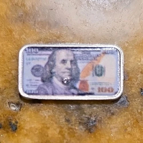 1g 999 Fine Silver Bar $100 Bill Design 1 Gram Total Precious Metal Content