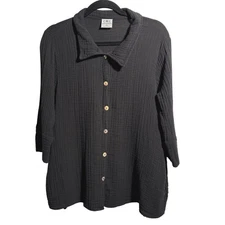 CMC Color Me Cotton Black Gauze Button Front 3/4 Sleeve Tunic Top M Pockets Boho