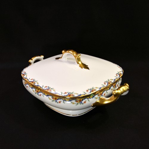 Limoges Vignaud Square Serving Bowl w/Lid The Meuse Red Yellow Blue Gold 1911-20 - Picture 8 of 19
