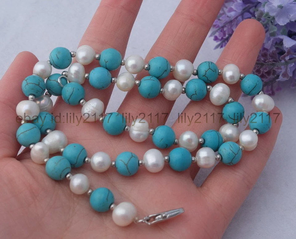 Natural 8mm Azul Turquesa 7-8mm Blanco Perla Collar Pulsera Set 18"" Foto 3 de 4