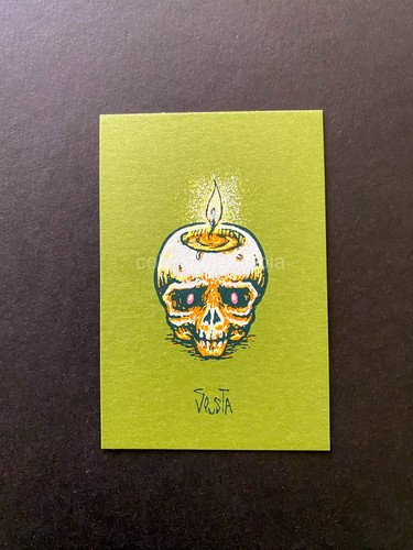 Marq Spusta Mini Micro Hot Head Skull Lime Green Shimmer Art Print 2 x 3" - Picture 2 of 4