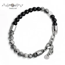 Grey Map Jasper and Lava Stone Yoga Energy Stainless Steel Bead Bracelet 8-9"