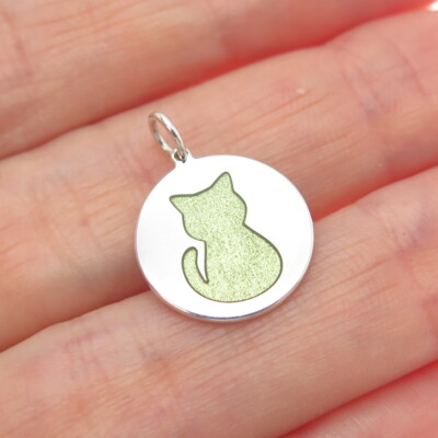 925 Sterlingsilber grüne Emaille Katze rundes Etikett minimalistisch Charm Anhänger