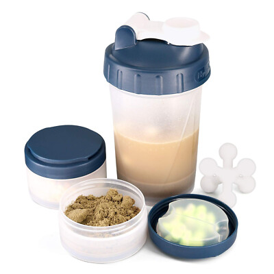 16 OZ  Shake Bottle Protein Powder Shaker Blender Gym Smoothie Cup two storage