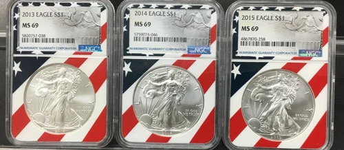 2013 2014 2015 Silver American Eagle Lot NGC FLAG CORE RED WHITE & BLUE LOW POP