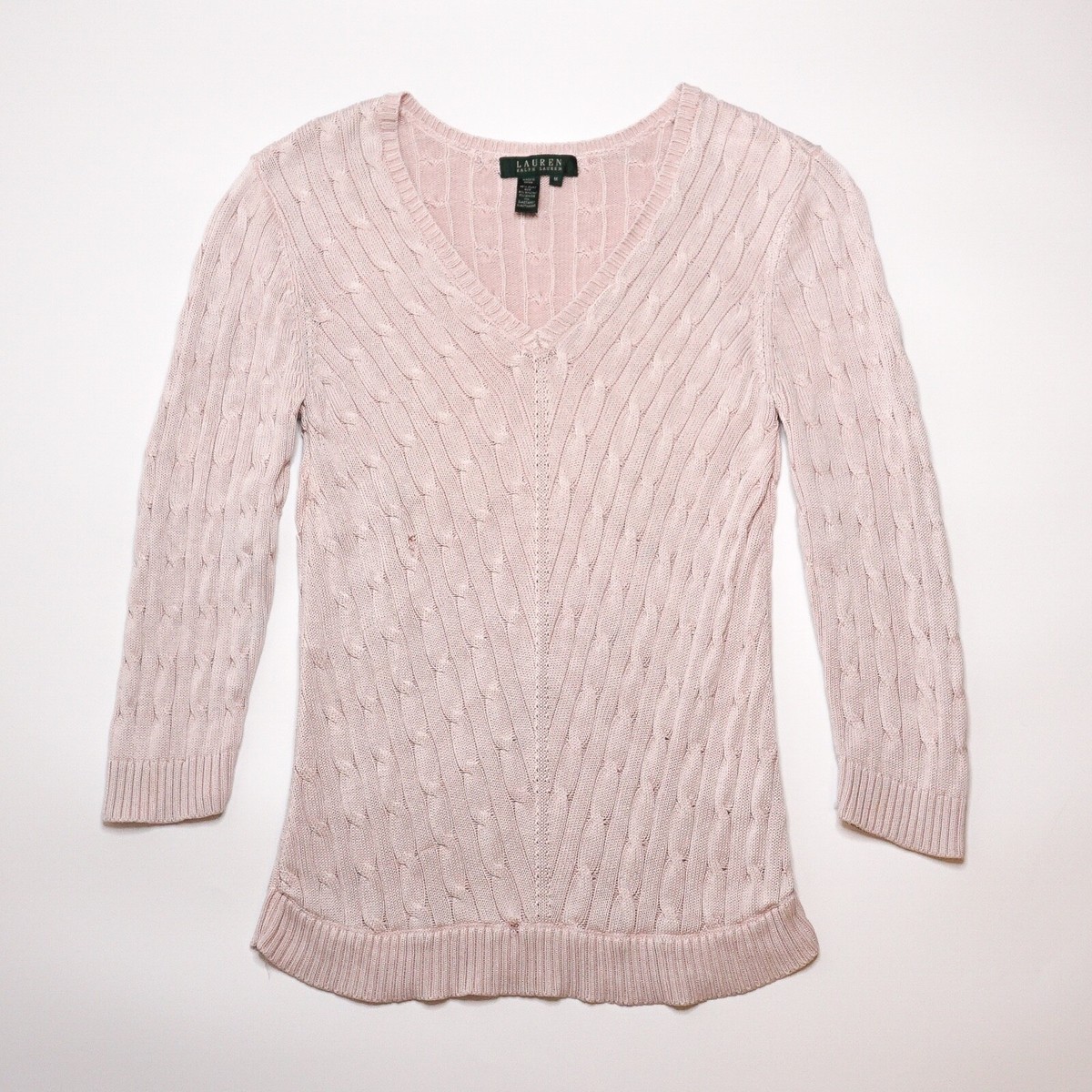 Ralph Lauren Womens Pink V-Neck Cable Knitted Silk Jumper Medium
