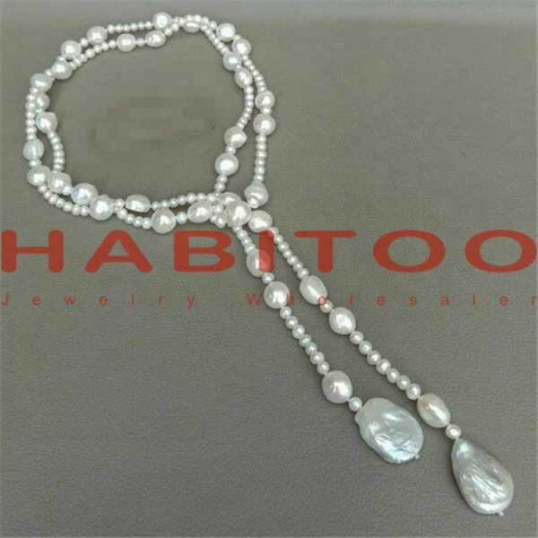 Colar longo 54" branco cultivado moeda de pérola de água doce pérola barroca lariat - Imagem 3 de 3