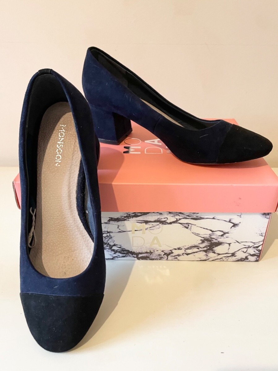 Round Toe Block Heel Navy Court Shoes MONSOON NAVY BLUE BLACK TOE