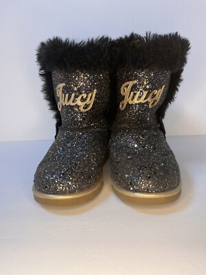 Juicy Couture Girls Size Black Faux Fur-Trim Glitter Windsor