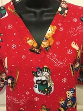 Ladies Christmas Scrubs Top Large Red Teddy Bear Bunny Cherokee 'Let it Snow'