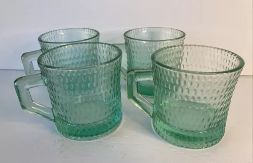4 Vintage Anchor Hocking Green Dimpled Coffee/Tea Glasses Mugs Spring/Summertime