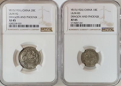 Pair: 1926 CHINA Dragon and Phoenix Silver Coin 10C&20C NGC XF45