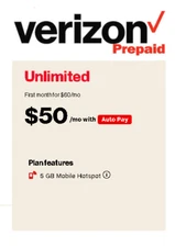 $50 Truly Unlimited 5G/4G LTE Verizon Prepaid