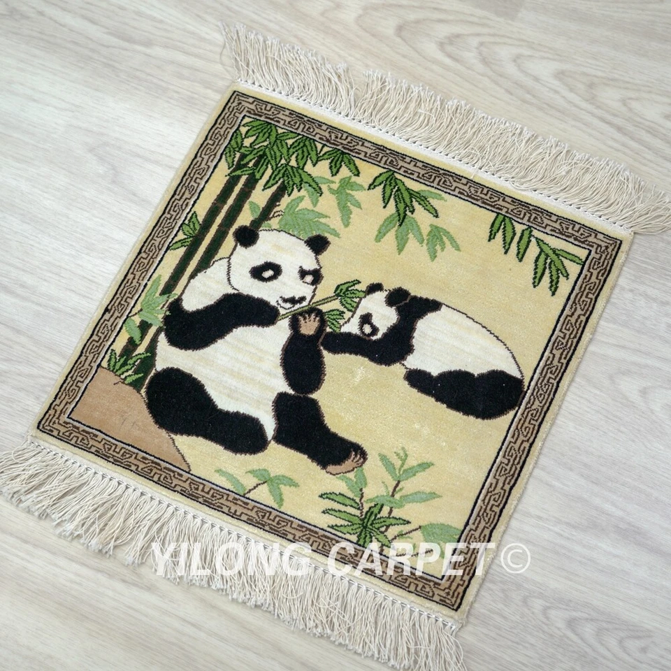 1'x1' Small Handmade Silk Carpet Panda Tapestry High Density Indoor Rug 018H - Image 3 of 4