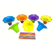 (24) Large 8 oz Flower Cups & Spoon Straws Kit, For Snow Cone Shaved Ice Machine