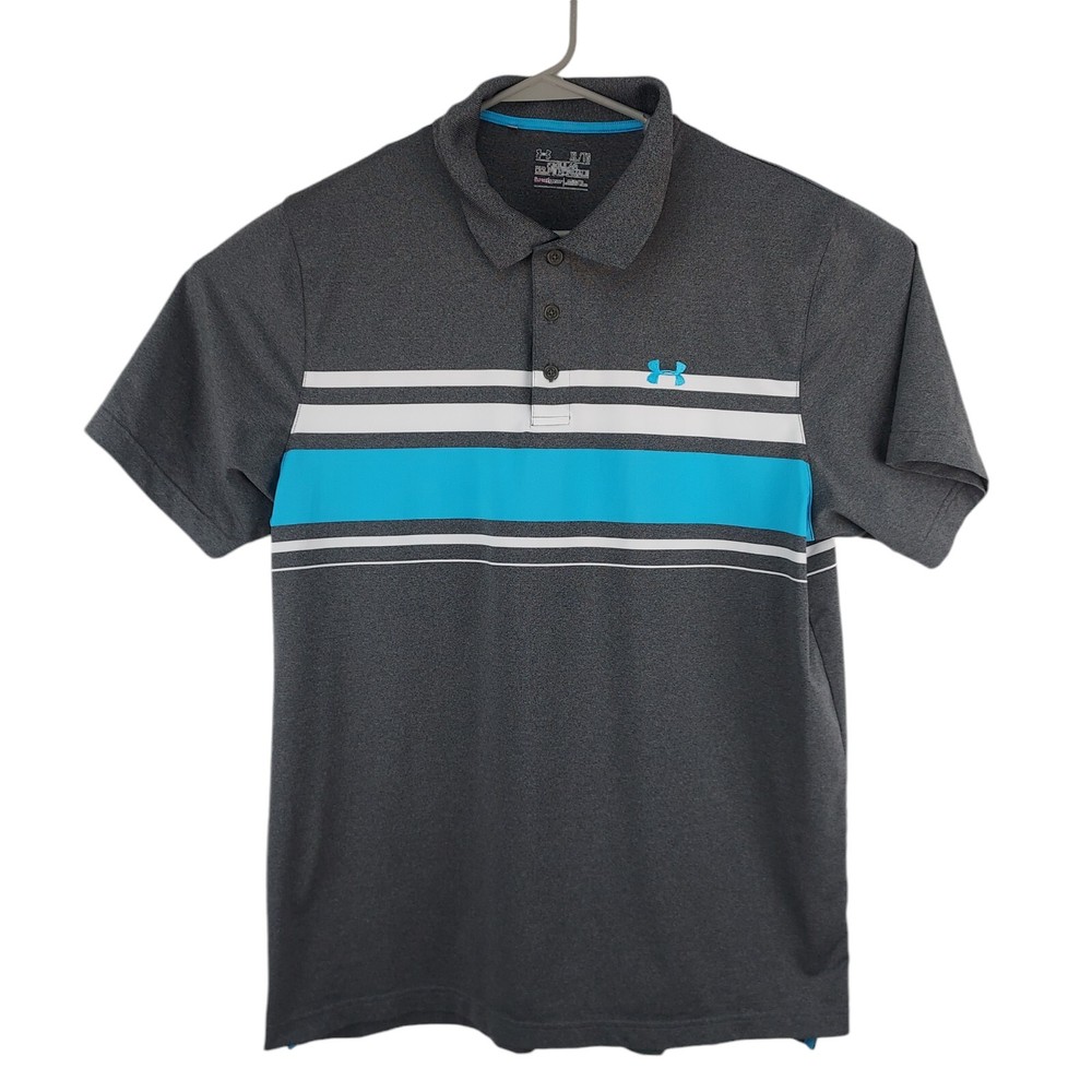 Under Armour Polo Shirt Mens XL Regular Heatgear Gray Blue White Thick Stripes