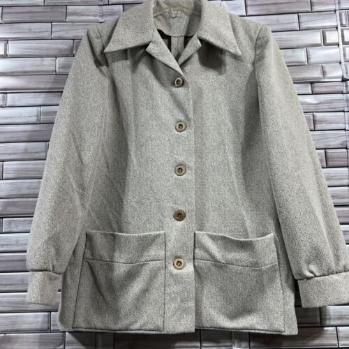 VTG womens M jacket shacket beige button up large collar puff sleeve 70s Y2K
