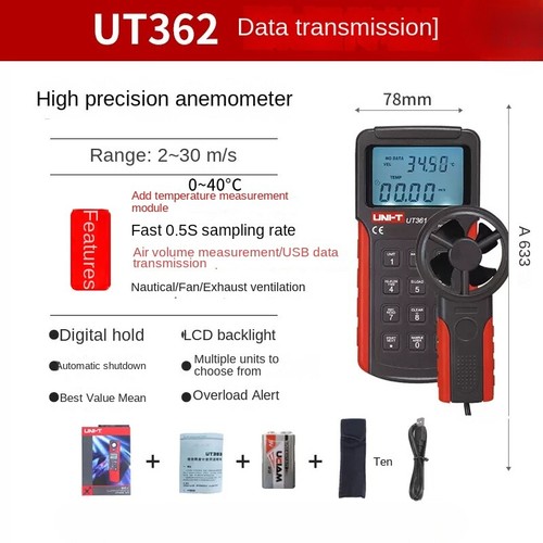 UT363 Anemometro Portatile Misurazione Velocità Vento Digitale Temp Tester Flusso Aria - Foto 8 di 10