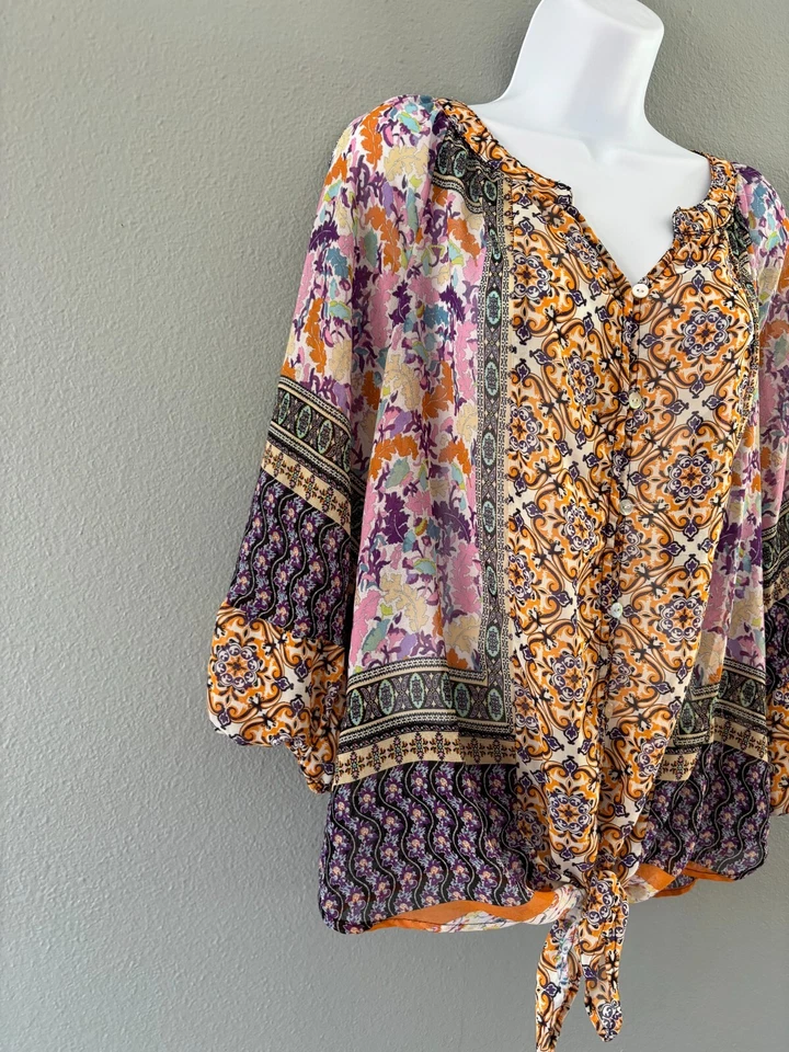 Blusa Figueroa Flor Estampado Mixto Mujer Nudo Grande Frontal Manga 3/4 Transparente Foto 3 de 4