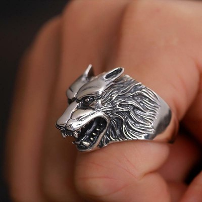 Bague argent massif 925 originale symbole Tête de Loup homme pas