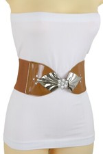 Women Wide Elastic Light Brown Color Belt Silver Metal Leaf Buckle Size Fit S M