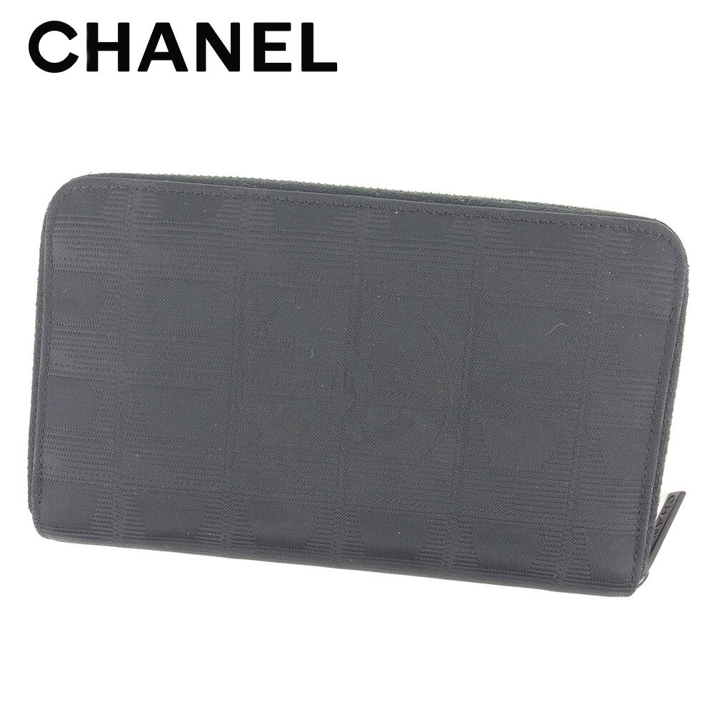 CHANEL Vintage Black Nylon Leather Zip Around Long Wallet Travel Line