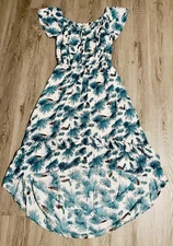 Off Shoulder High Low Maxi Dress Sz Small Teal Tropical Palm Tiered Ruffle Boho