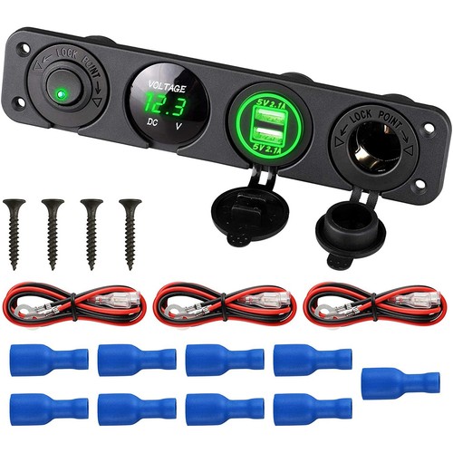 4 in1 Dual USB Charger Power Socket & LED Voltmeter Switch Panel Car Boat RV 12V
