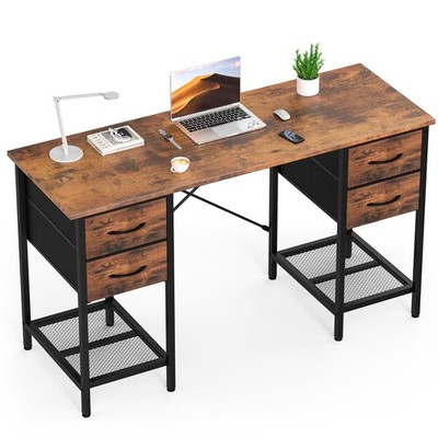 Computer Desk with Drawers, 55 Inch Home Office Bedroom Table with 4 Fabric D...