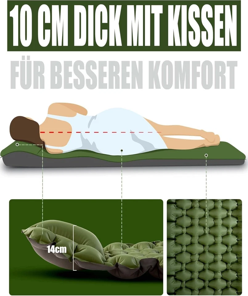 Robuste selbstaufblasbare Schlafmatte mit integriertem Kissen - 200kg Kapazität - Bild 4 von 4