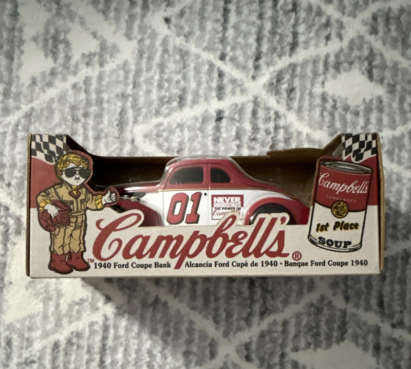Campbell's 1940 Ford Coupe Diecast Car Bank, Campbell's Soup Theme, Red/White