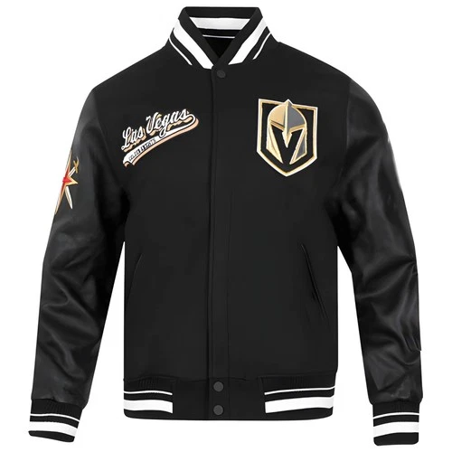 Vegas Golden Knights Black Body Black Leather Sleeves Varsity Jacket Men Size2XL - product listing photo
