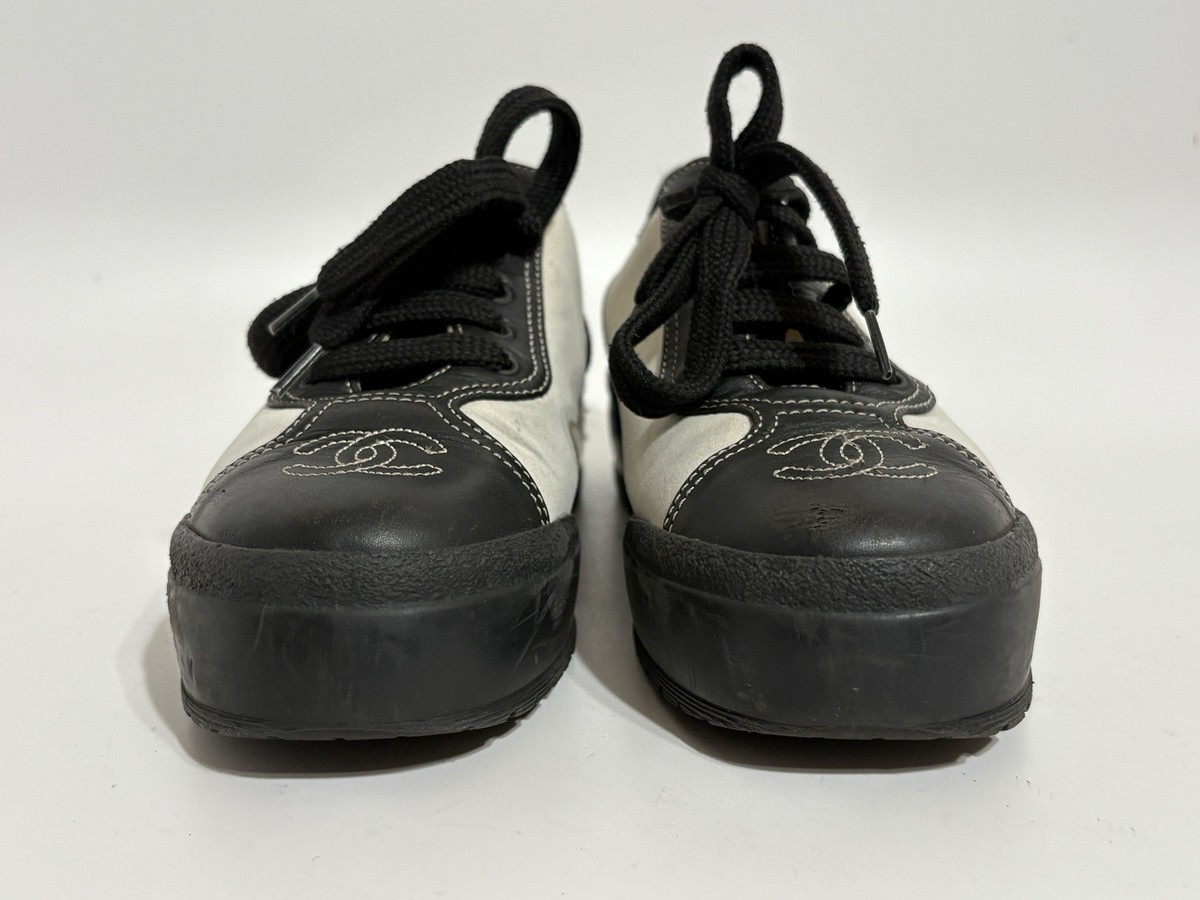 Vtg Chanel Black Leather CC Logo Sneakers 36 | eBay