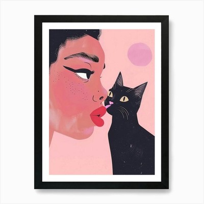 Schwarze Katze küsst Frau 1 Kunstdruck gerahmt Wandbild Poster Leinwanddruck Bild