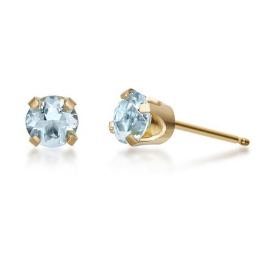14K Gelbgold runde Aquamarin Ohrstecker für Damen mit Push Backs - 4 mm