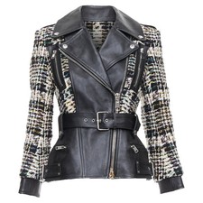 Alexander Mcqueen Hybrid Punk Leather Tweed Biker Jacket Women Black Size 36