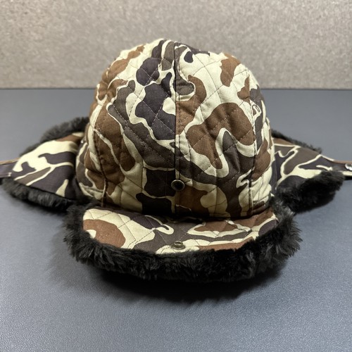 Vtg Duck Camo Faux Fur Trapper Cap Size L Adjustable Flap Snap Brim Waterfowl - Picture 6 of 12